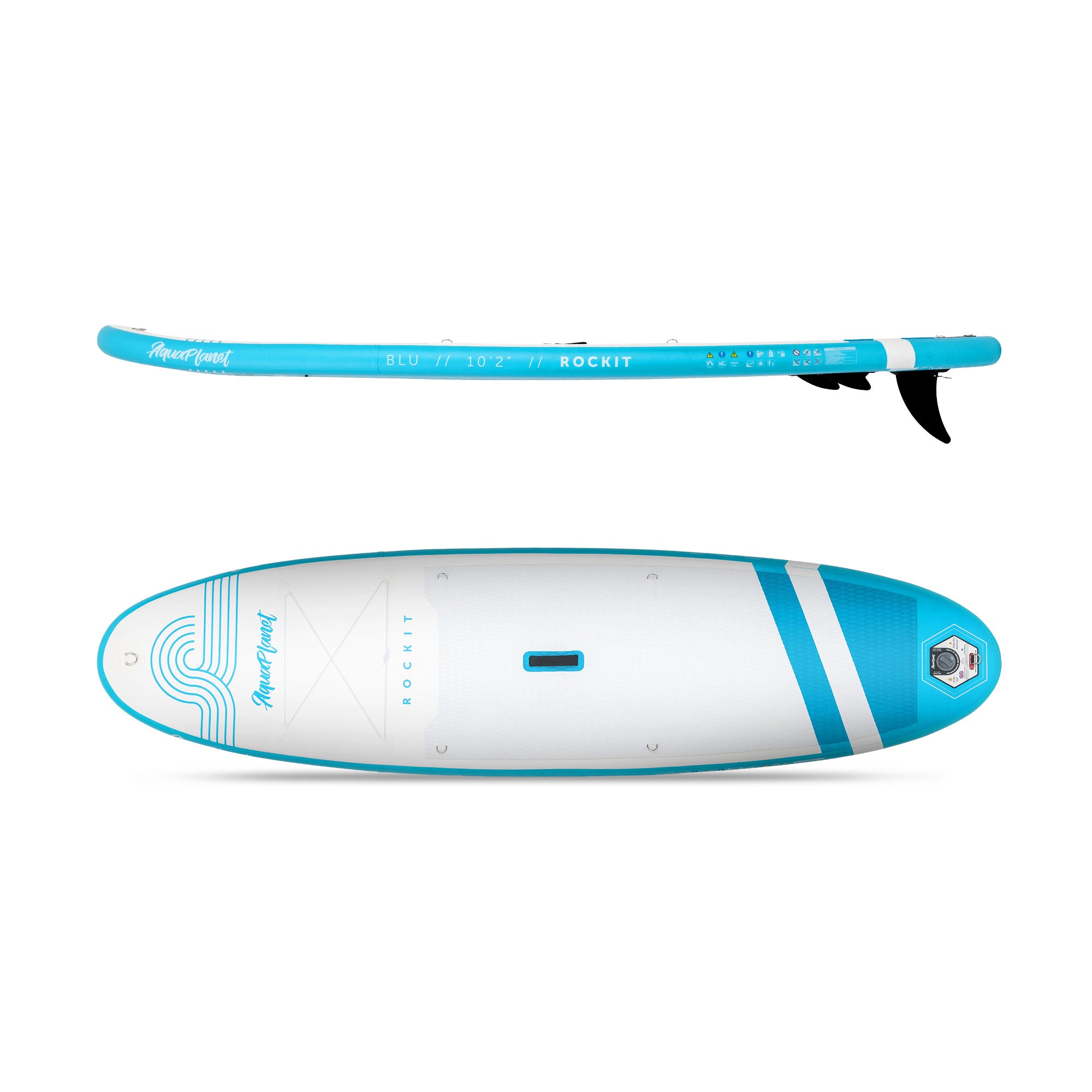Top View and Side View of the Aquaplanet Rockit Blu 10'2" iSUP Inflatable Stand Up Paddleboard Set