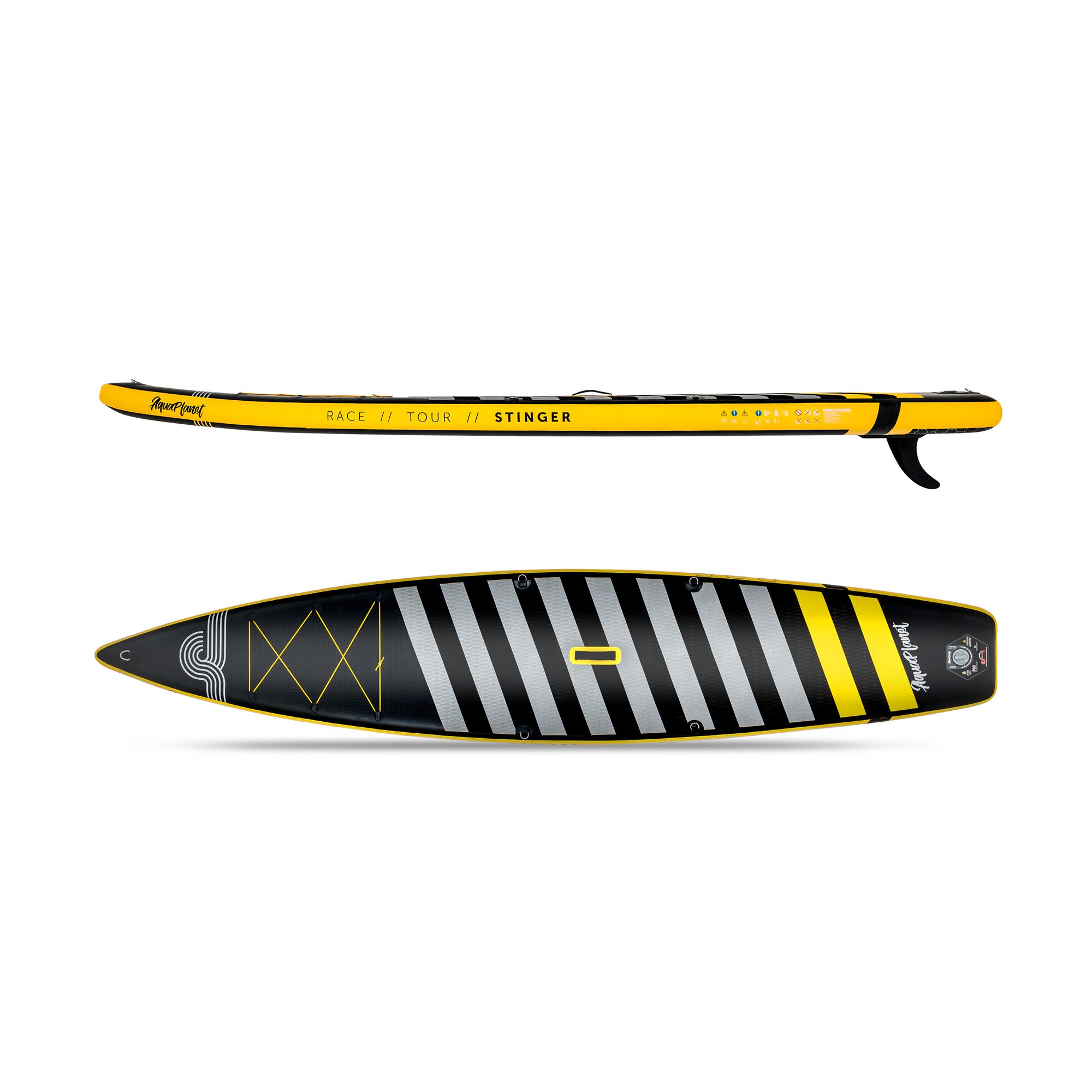 Top View and Side View of the Aquaplanet Stinger 12'6" iSUP Inflatable Stand Up Paddleboard Set