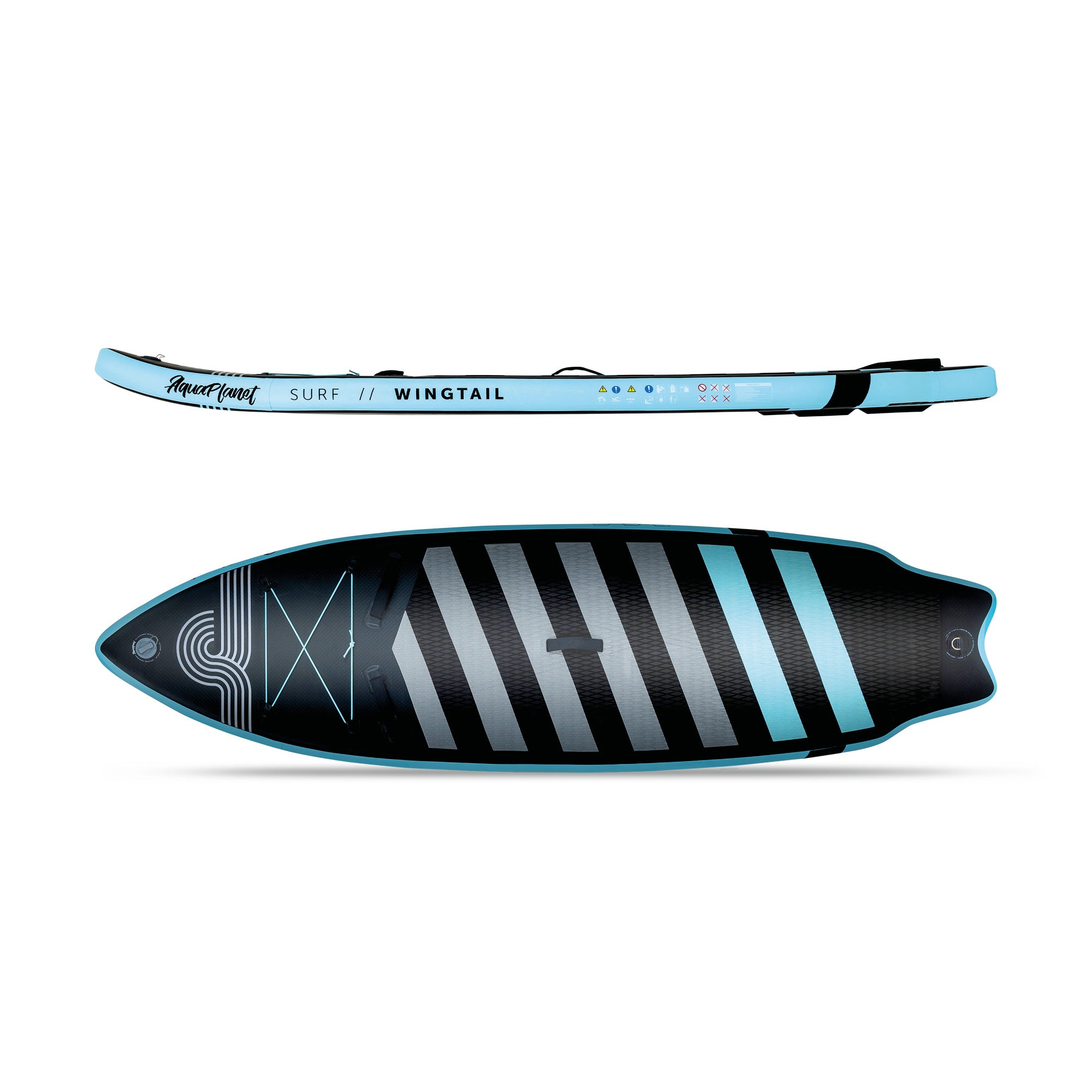 Top View and Side View of the Aquaplanet Wingtail 9' iSUP Inflatable Stand Up Paddleboard Set