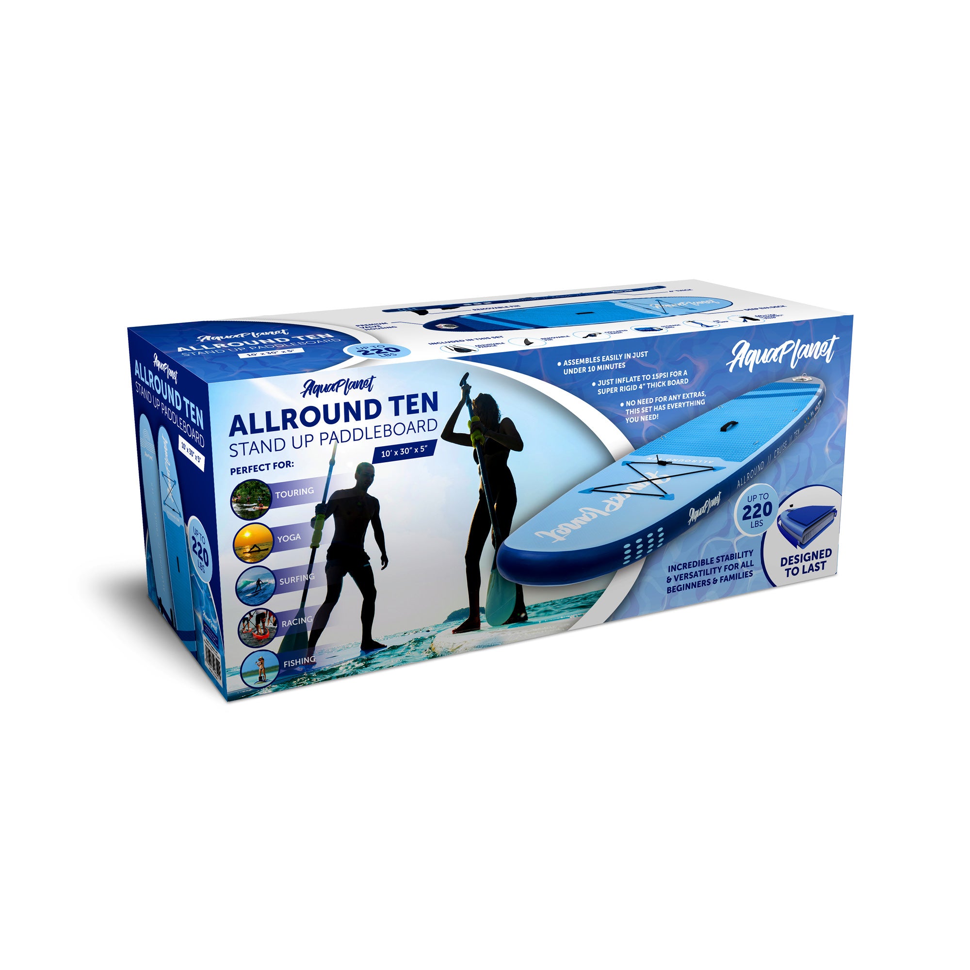 Packaging of the Aquaplanet Allround TEN 10' iSUP Inflatable Stand Up Paddleboard Set - Blue