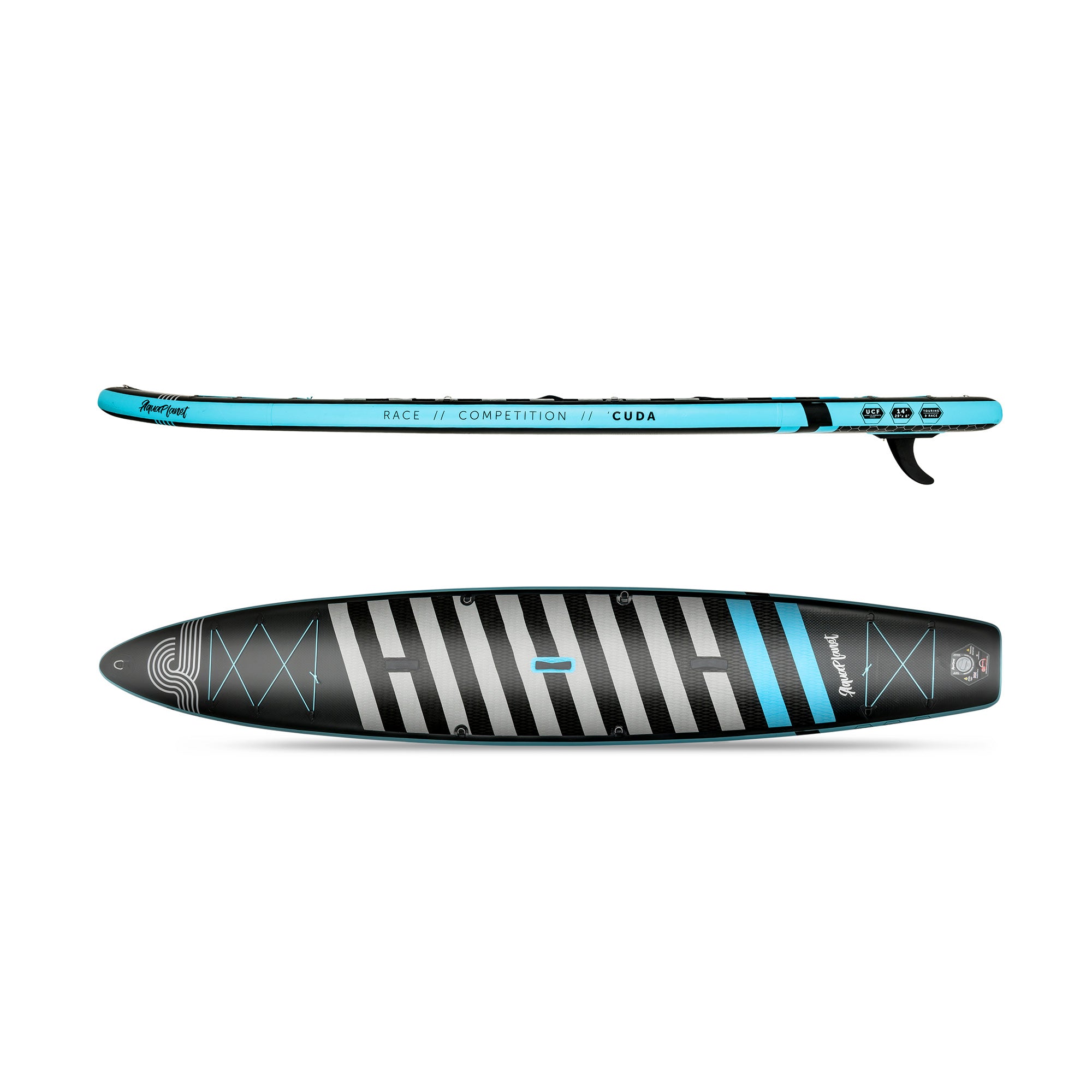 Top View and Side View of the AquaPlanet Cuda 14' iSUP Inflatable Stand Up Paddleboard Set