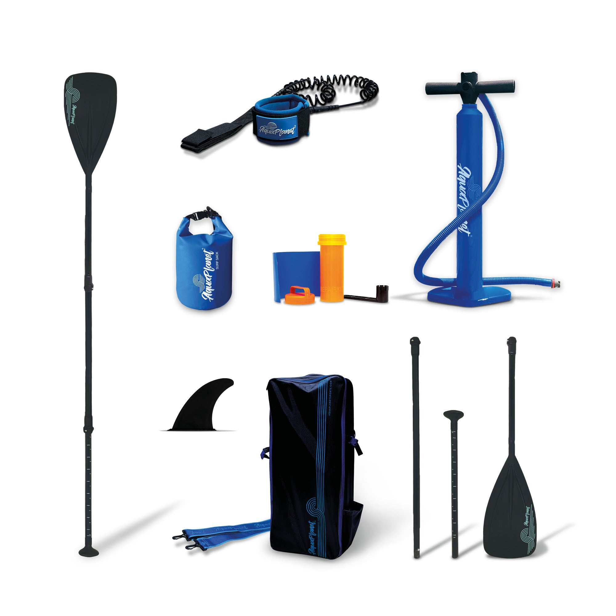 Everything included with the Aquaplanet Max 10'6" iSUP Inflatable Stand Up Paddleboard Set