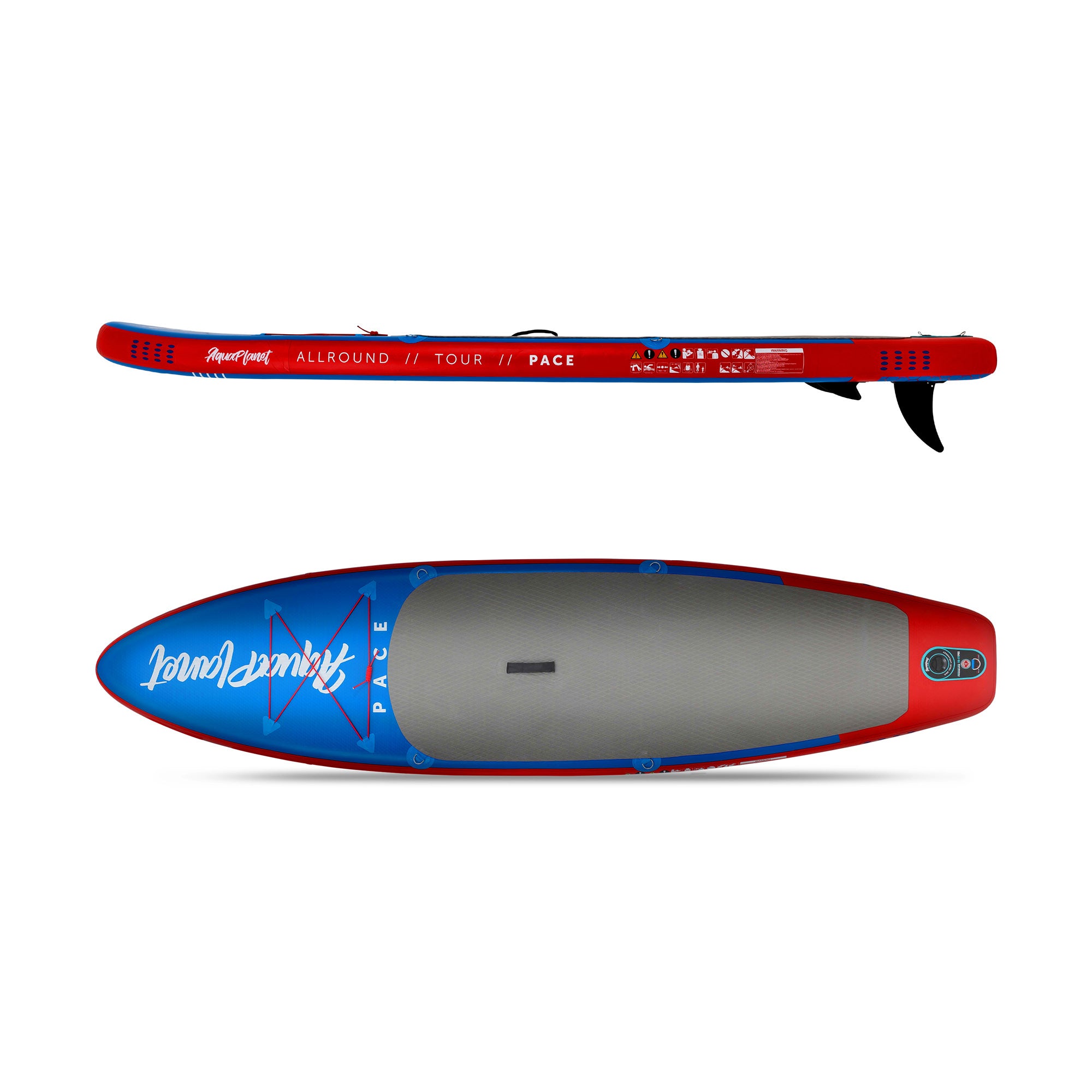 Top View and Side View of the Aquaplanet Pace 10'6" iSUP Inflatable Stand Up Paddleboard Set
