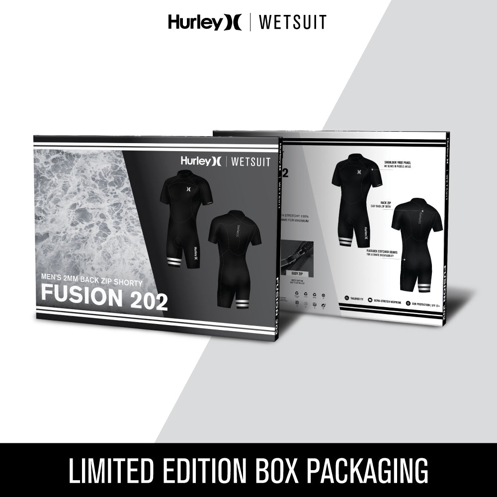 Packaging of the Hurley Wetsuits Fusion 202 - Men's 2mm Back Zip Shorty