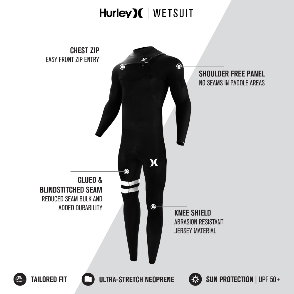 Features of the Hurley Wetsuit Fusion 302 Men's 2mm Chest Zip Fullsuit