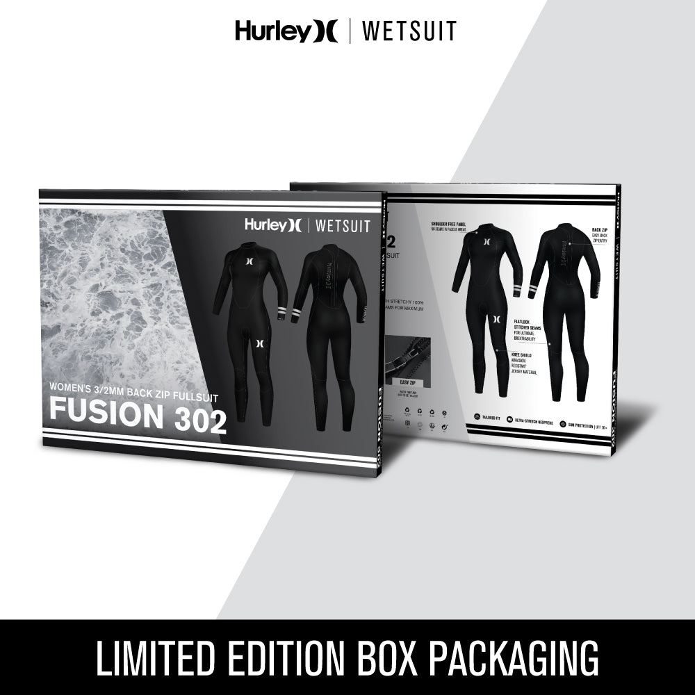 Packaging of the Hurley Wetsuit Fusion 302 Women's 2mm Back Zip Fullsuit