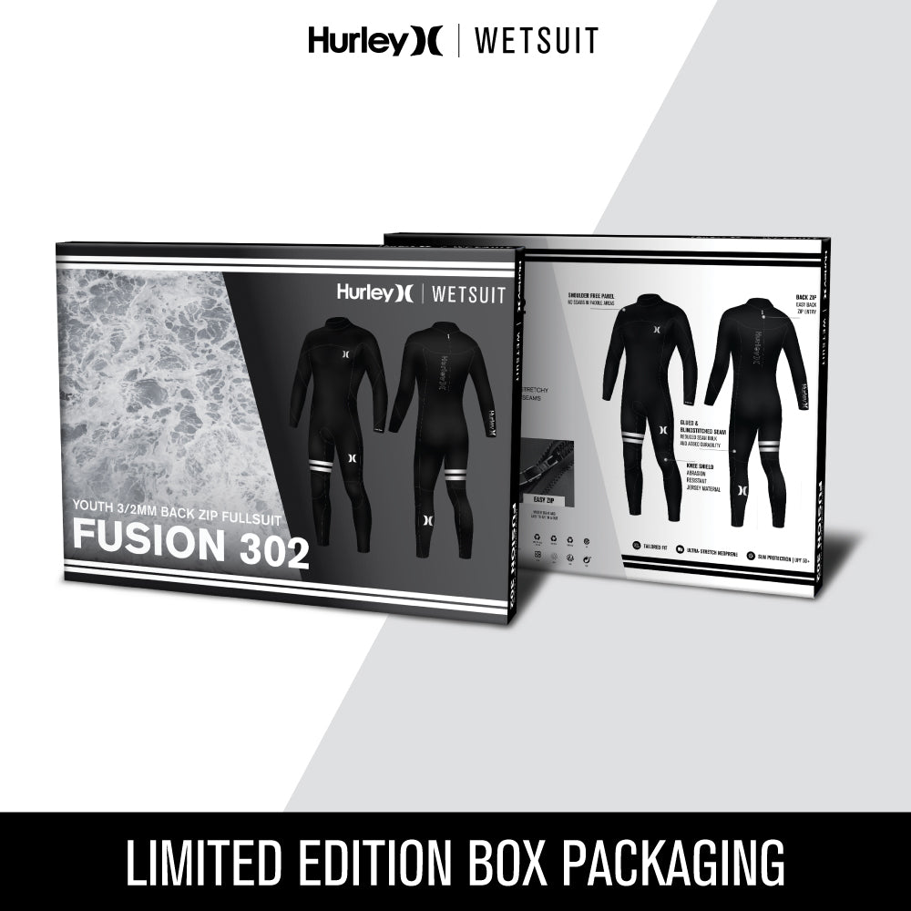 Packaging of the Hurley Wetsuit Fusion 302 Youth 2mm Back Zip Fullsuit
