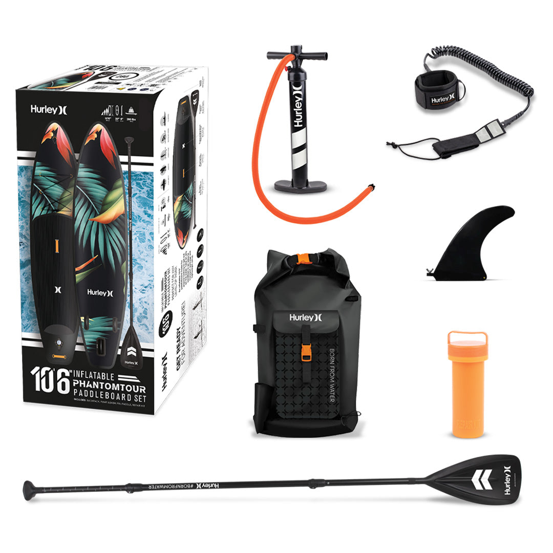 Everything included with the HURLEY PhantomTour Paradise - Inflatable Stand Up Paddleboard Set at HeySurf.com