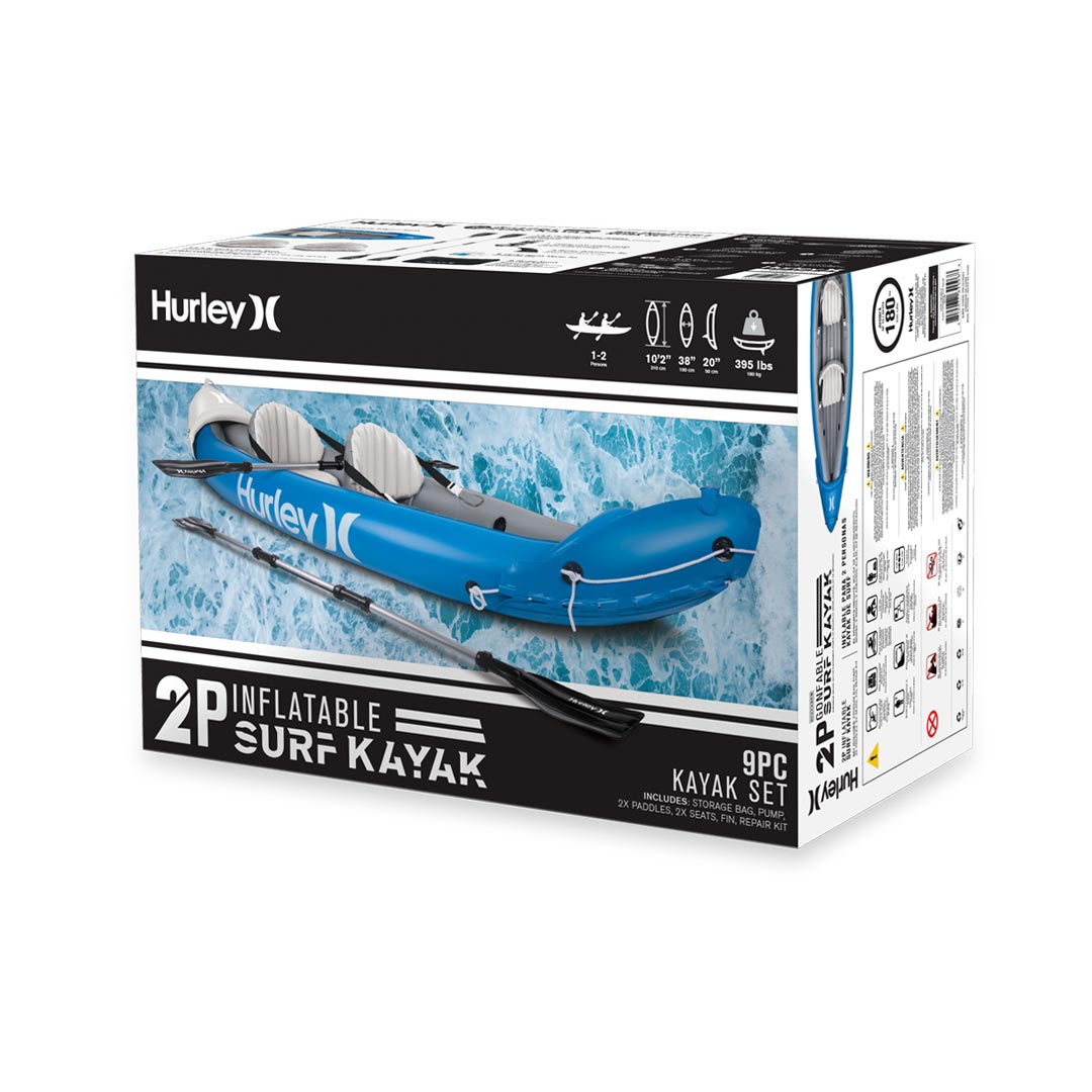 Packaging of the Hurley Surf Tandem Inflatable Kayak for upto 2 people